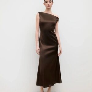 Cider Asymmetrical One-Shoulder Satin Evening Dress in Chocolate Brown XL NWT!!
